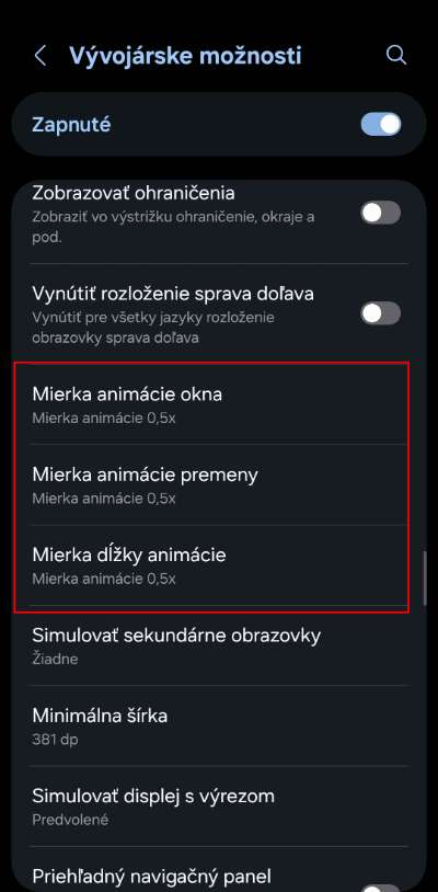 rezim vyvojara vypnutie animacii